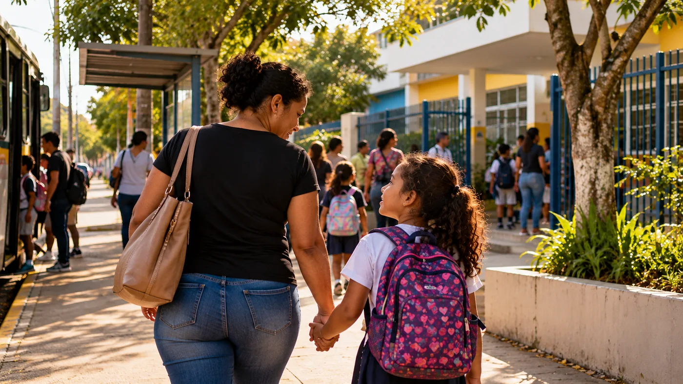 Mãe e filha caminhando para a escola, representando aprendizado pelo exemplo