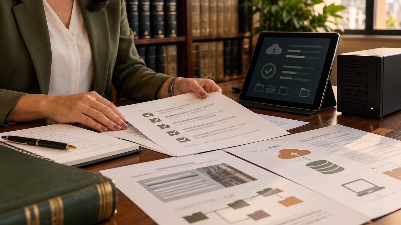 Documentos de controle, inventário, pasta de evidências e painel digital em mesa de trabalho de cartório