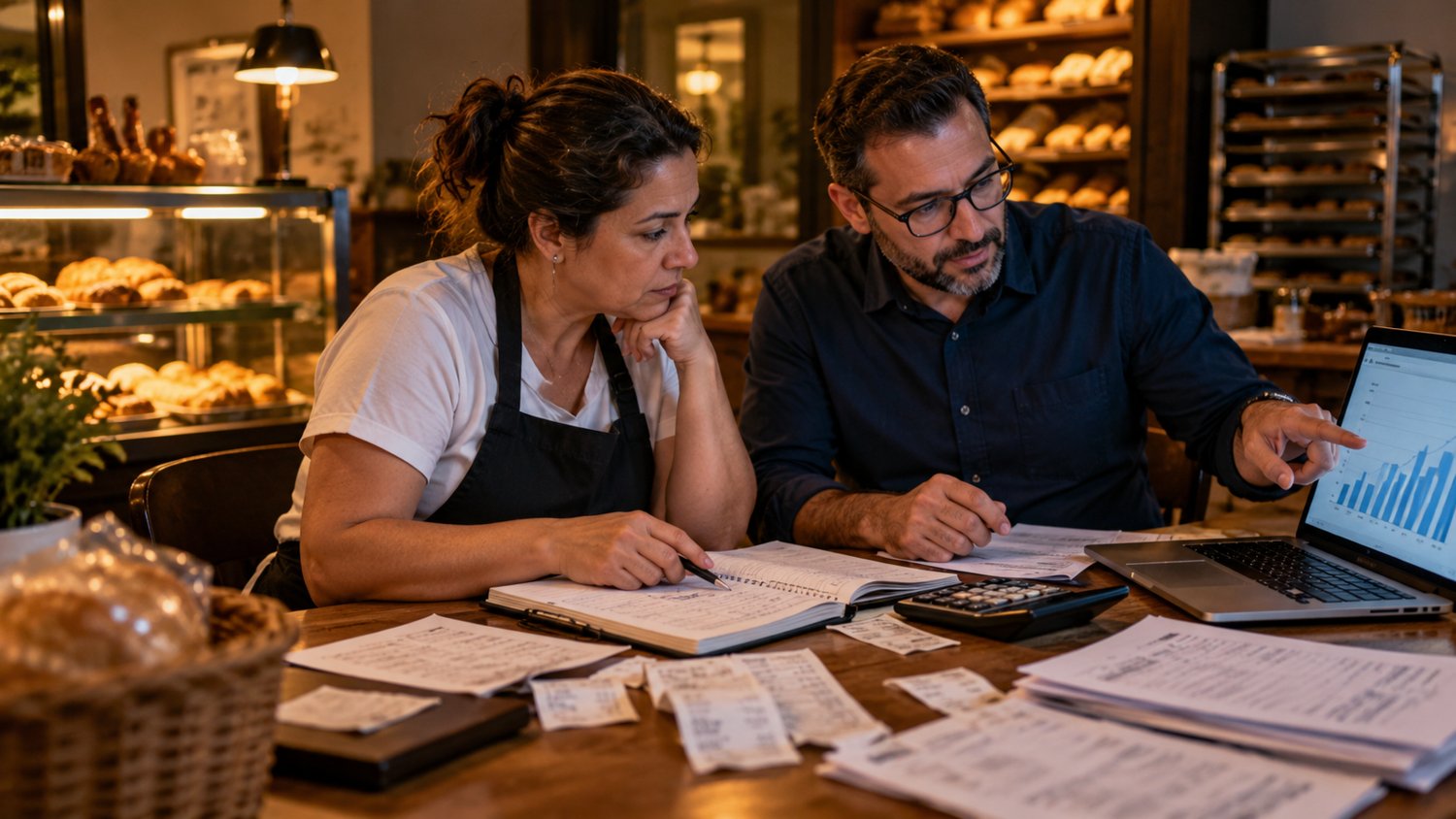Dois responsáveis por uma pequena padaria analisam despesas, recibos e gráficos financeiros em um notebook