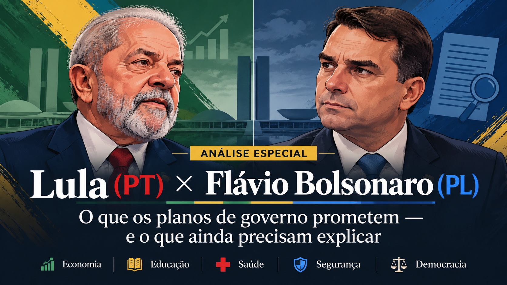 Retratos de Lula e Flávio Bolsonaro lado a lado, acompanhados das siglas dos partidos PT e PL.