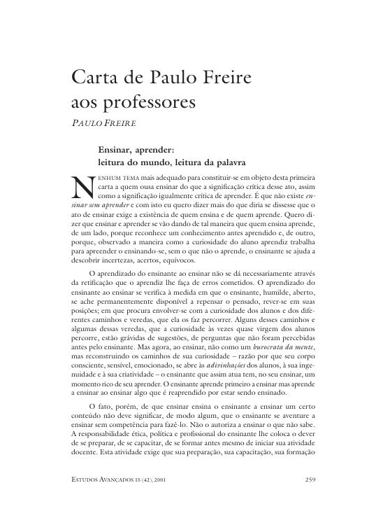 Carta de Paulo Freire aos Professores